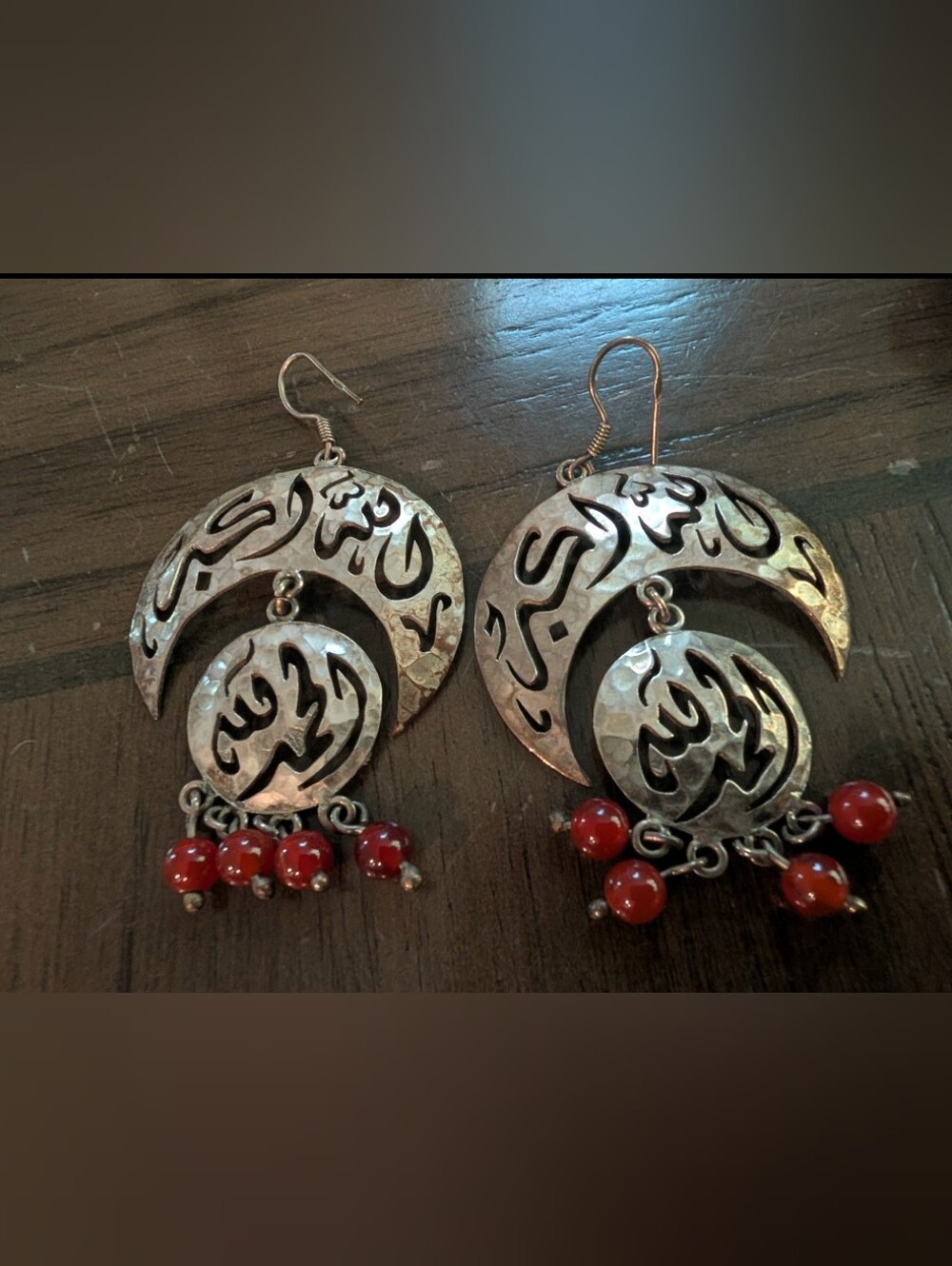 Arabian Sterling Silver Crescent Drop Earrings with Red Beads